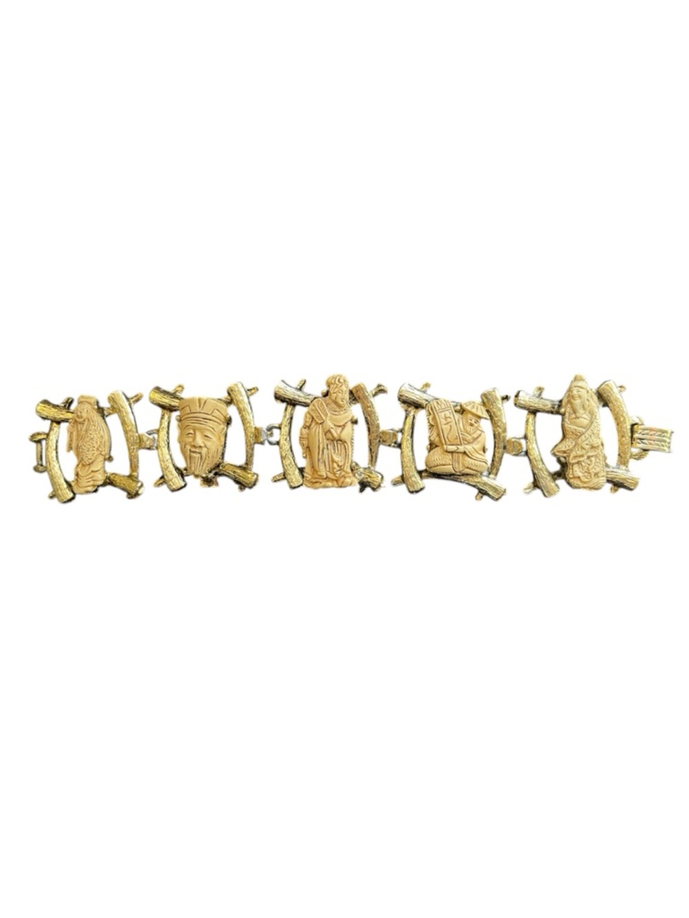 1960s COLCO Textured Gold-tone Link Bracelet 5 Chinese Gods of Fortune